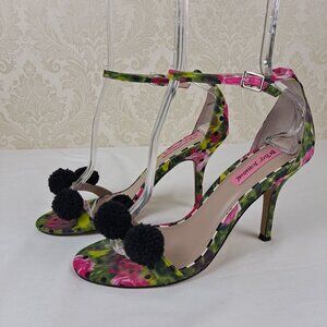 Betsey Johnson Lylly Size 8B Heels Ankle Strap Pom Pom Detail Floral Dot Fabric